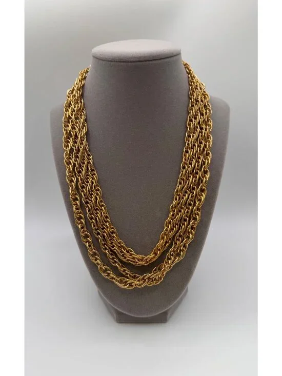 Vintage Gold Tone Multi 4 Strand Chain Necklace Heavy Layered Statement - Picture 1 of 7